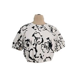 A New Day Raglan Crop Top Shirt Black White Womens Large Puff Sleeve Artsy